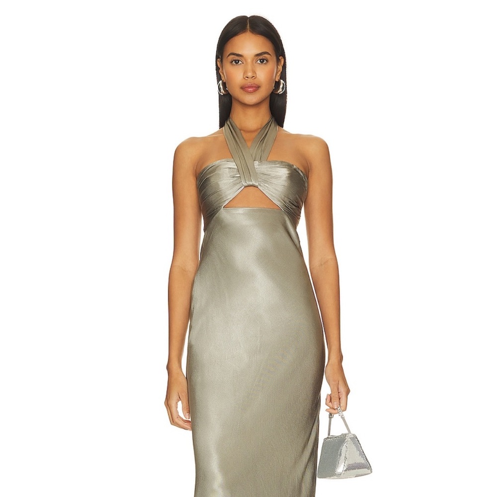 Shona Joy La Lune Ruched Halter Maxi Dress in Sage